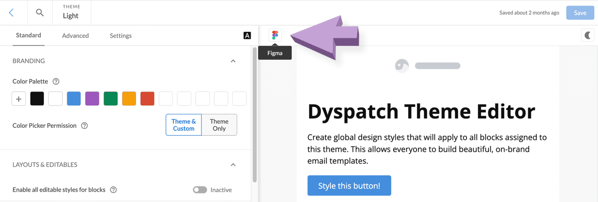 Arrow pointing to Figma button above theme preview area in the theme editor