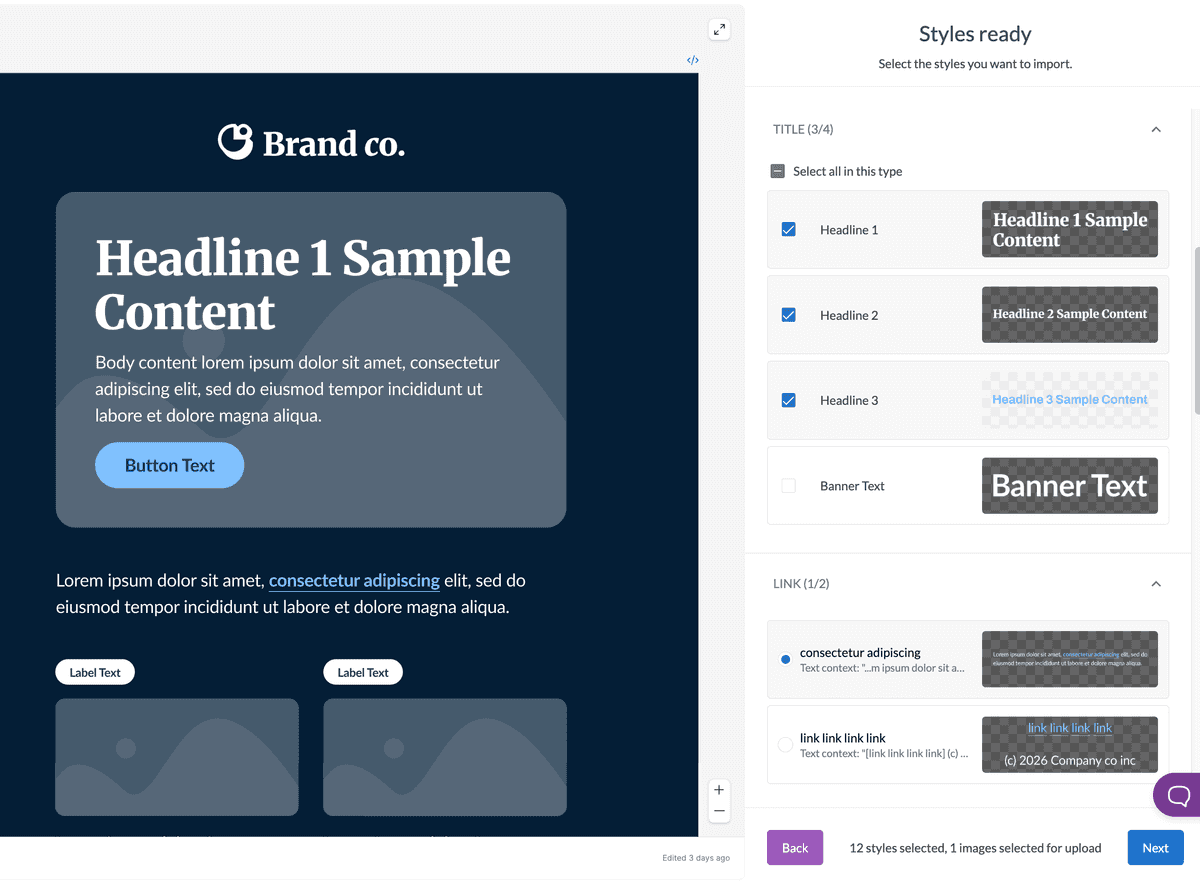 Multiple title and link style select options on Figma to Dyspatch Import step 2