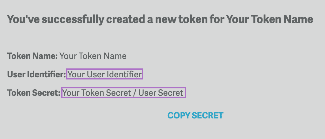 Smartling's confirmation page for a new token being created, showing the Token Name, User Identifier, and Token Secret