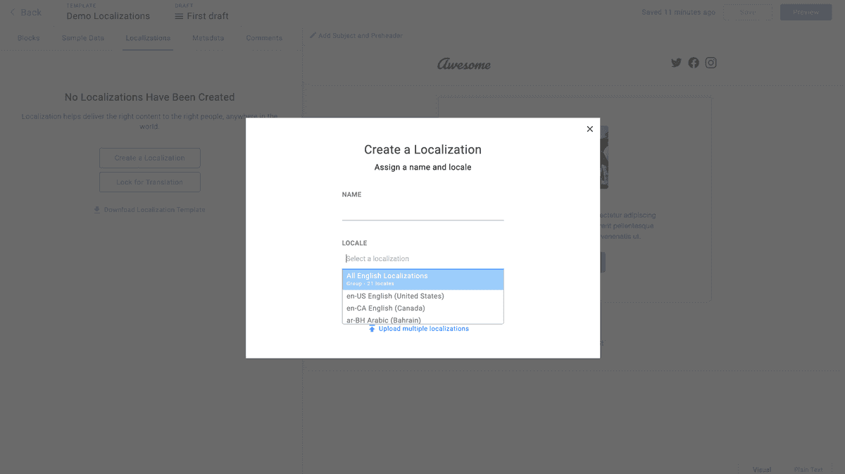 Adding a locale group to a template via a localization