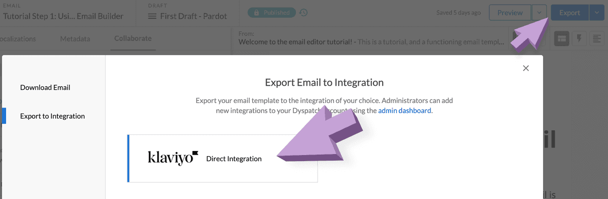 Arrows showing export button and Klaviyo integration option