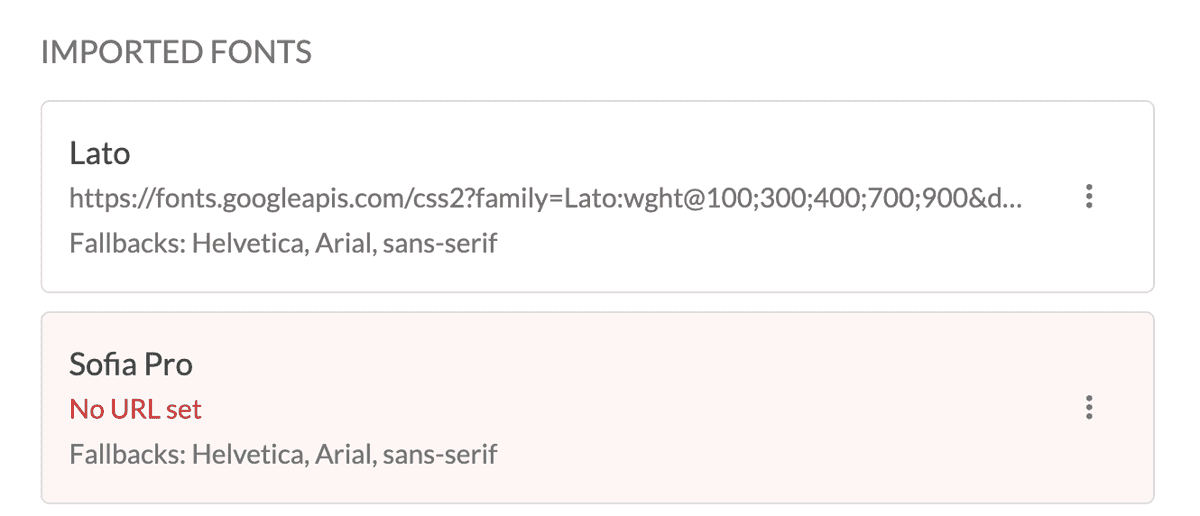 Two imported fonts, one accessible and one with the no URL set warning