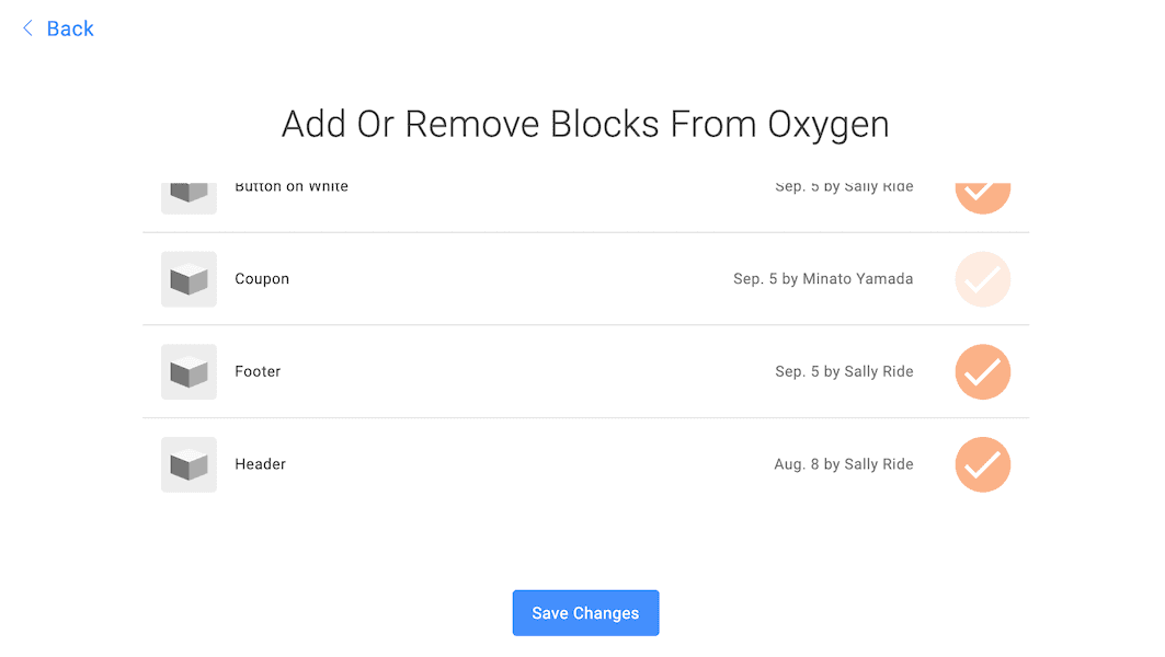 The add / remove blocks page with a list of blocks you can select or unselect from the theme