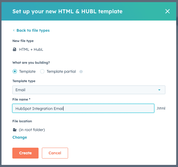 Modal with options filled in to create new html template in HubSpot