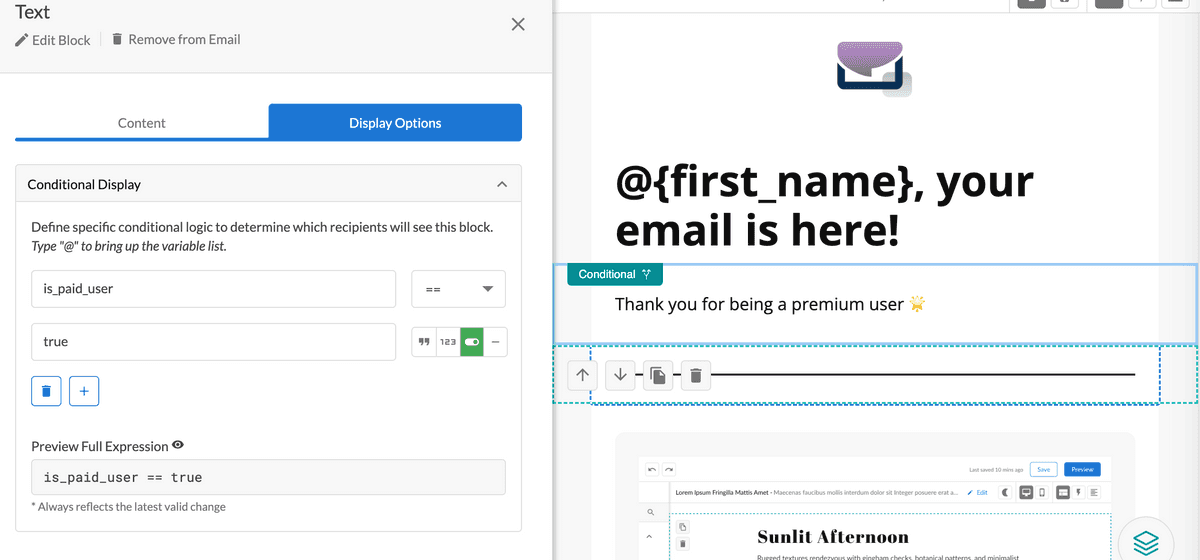 Block with conditional rendering set in the Email Builder