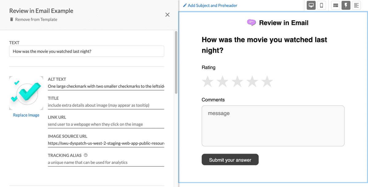 Editing a Review in Email survey within a template