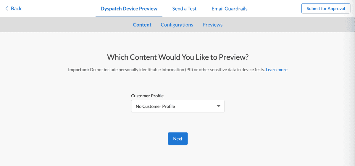 Customer profiles dropdown menu for email device preview