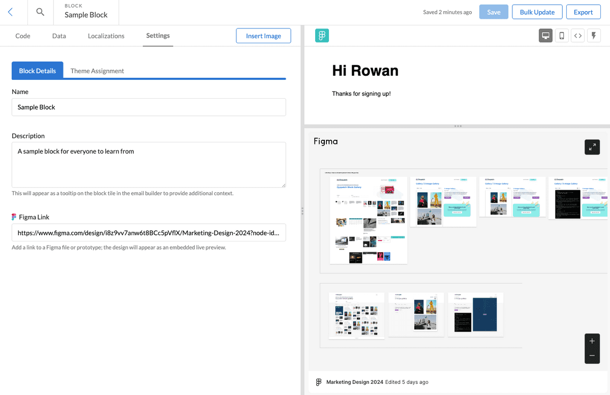 Block builder with a figma file attached and figma interactive screen