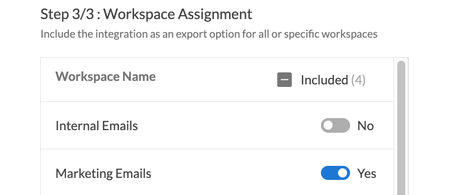 Setup modal 3/3 for SendPulse ESP integration with workspace assignment toggles