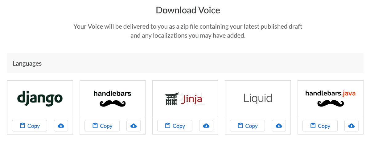 Modal with voice download language options django, handlebars, jinja, liquid, and handlebars.java