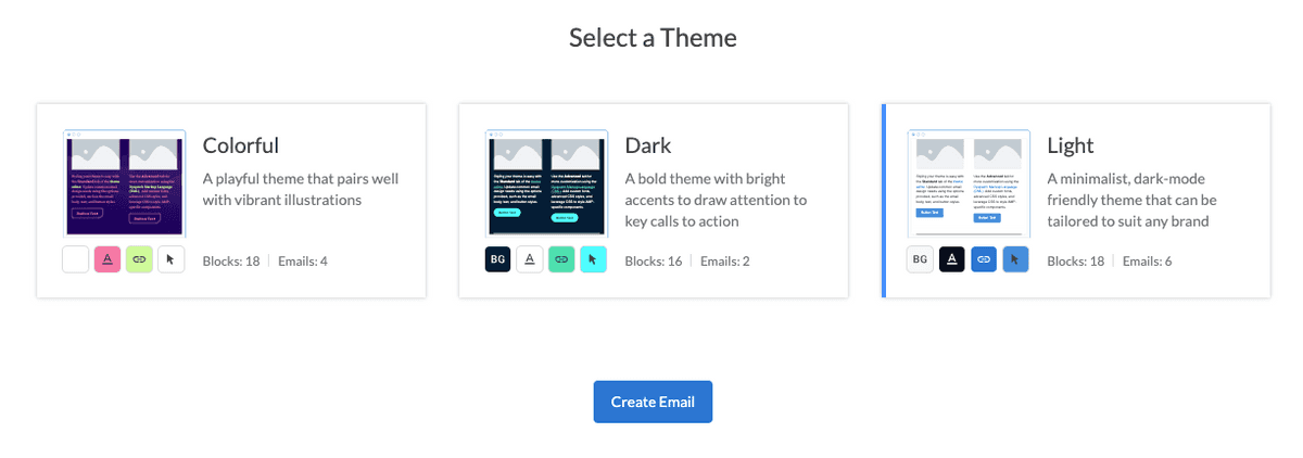 Image of the themes Colorful, Dark, and Light that are loaded into all new accounts and are free to use and customize