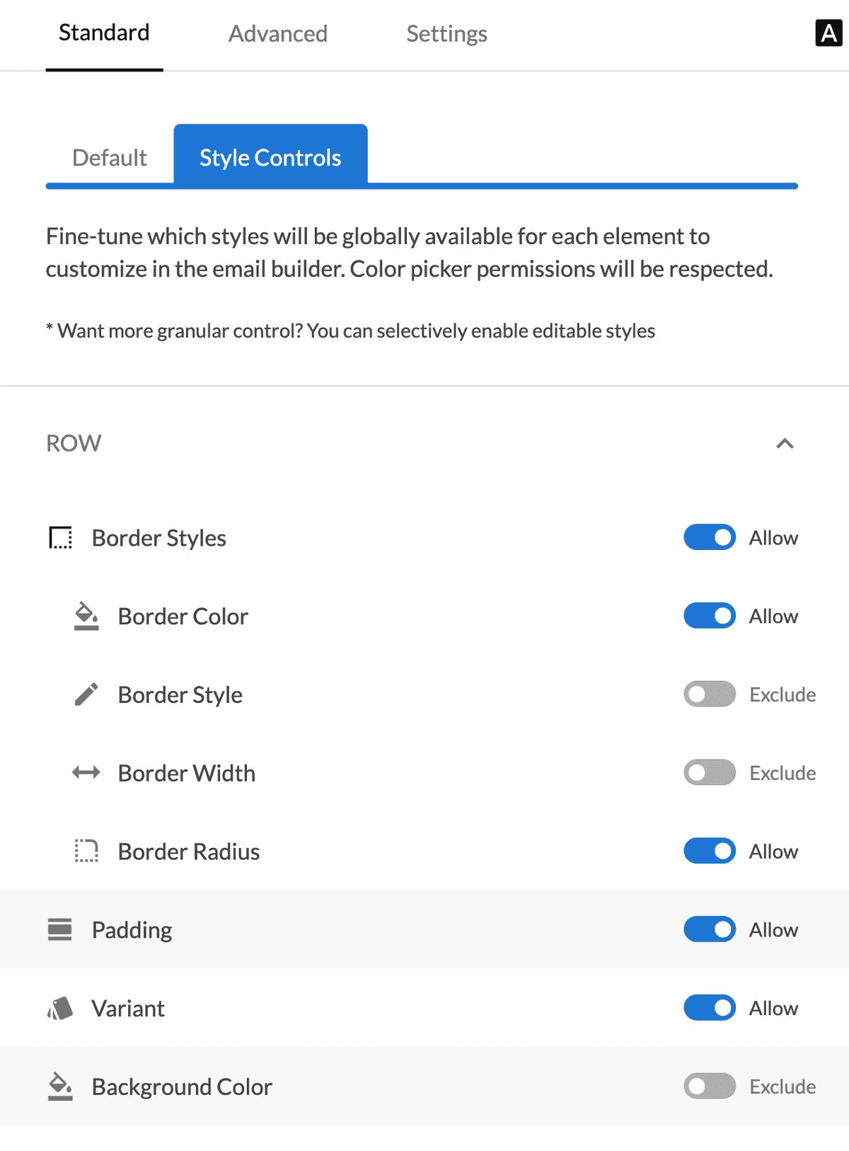 Style Controls tab showing element sections Style Controls tab showing element sections