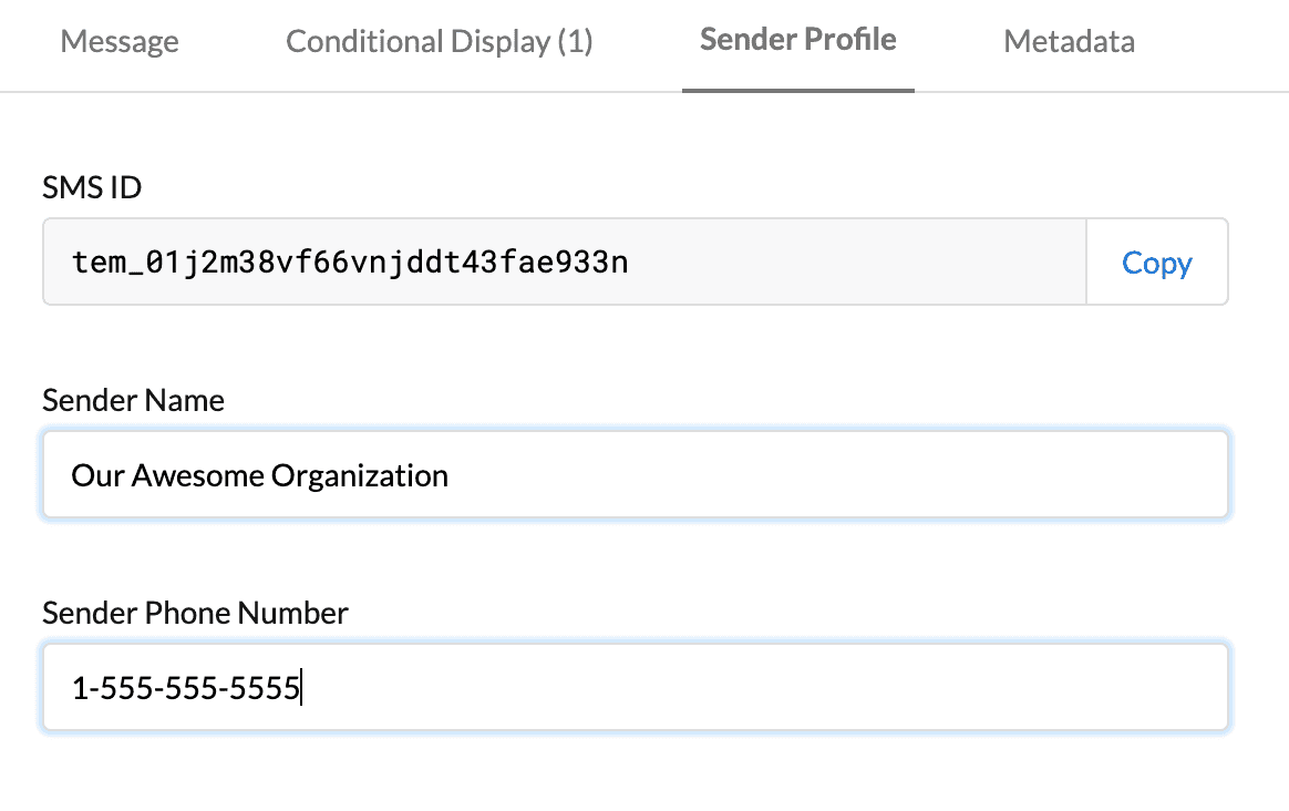 Example SMS sender profile information filled out