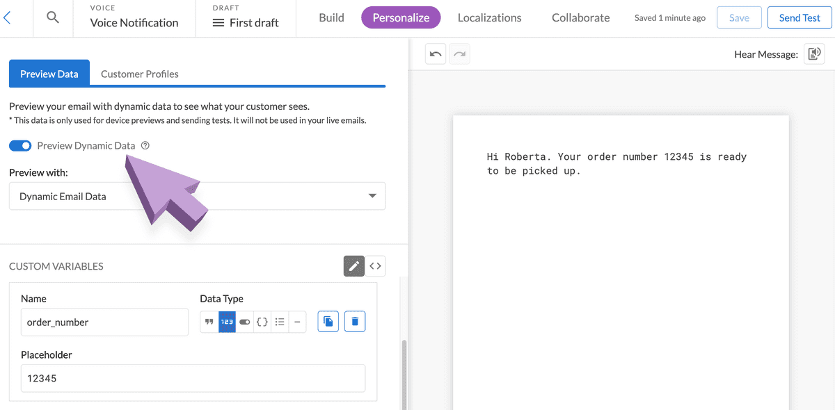 Arrow pointing to the preview dynamic data tab in the voice notification builder
