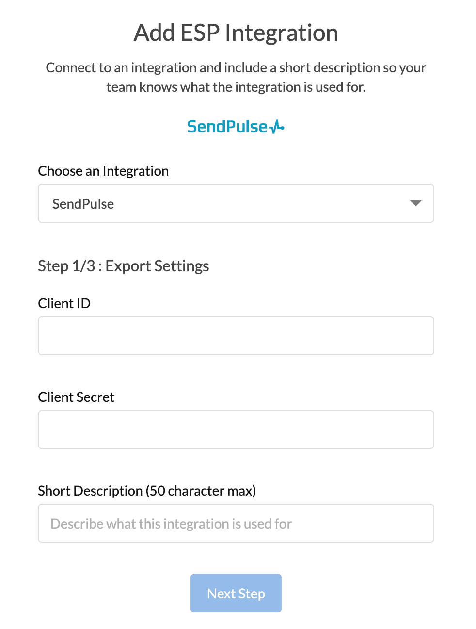 Setup modal 1/3 for SendPulse ESP integration, showing api key, locale code formatting dropdown, and description inputs