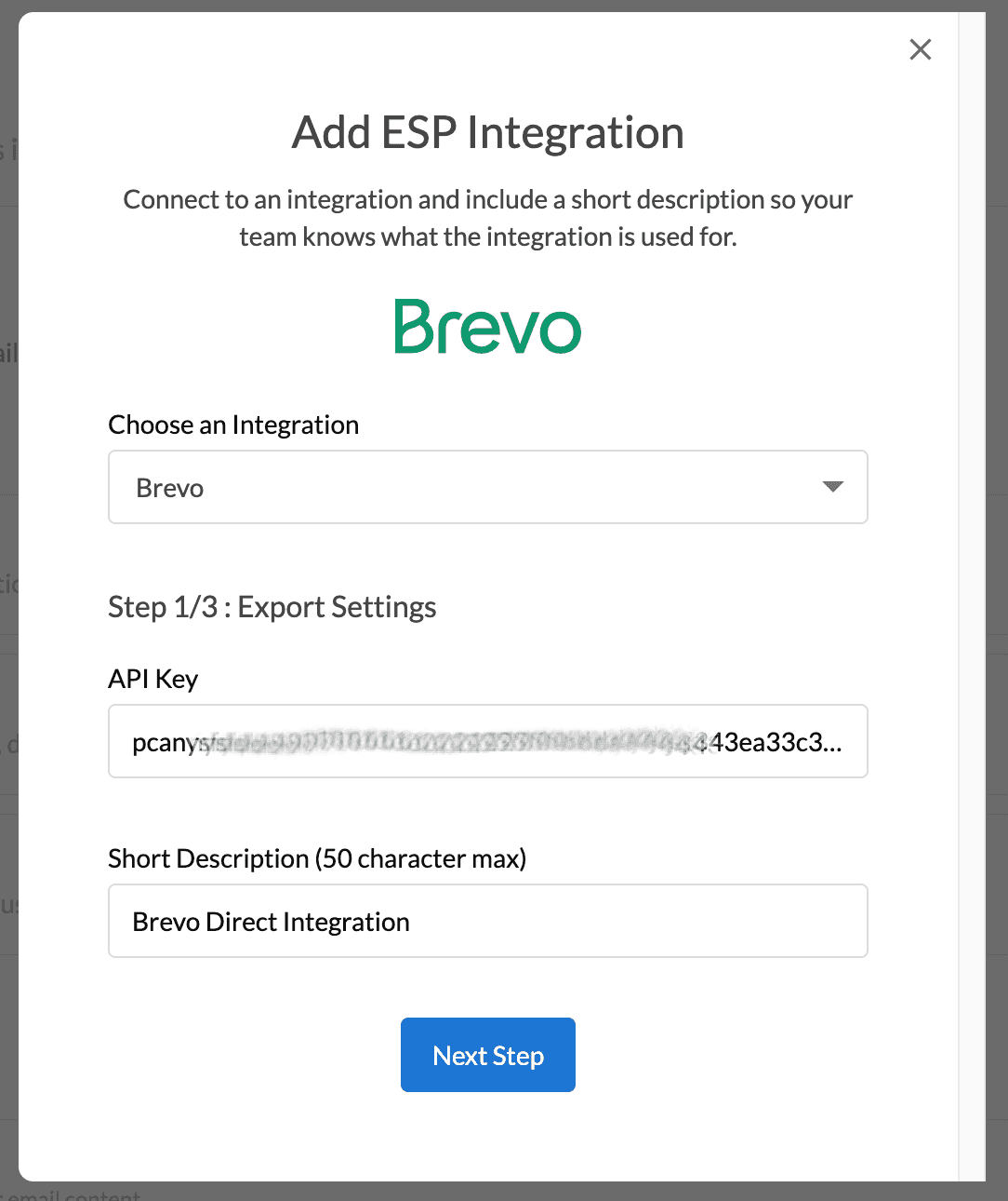 Dyspatch add Brevo integration modal 1 of 3 with api key and description inputs