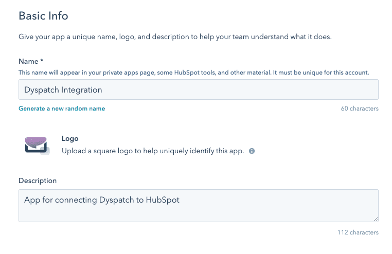 HubSpot basic settings screen. Fill in the values