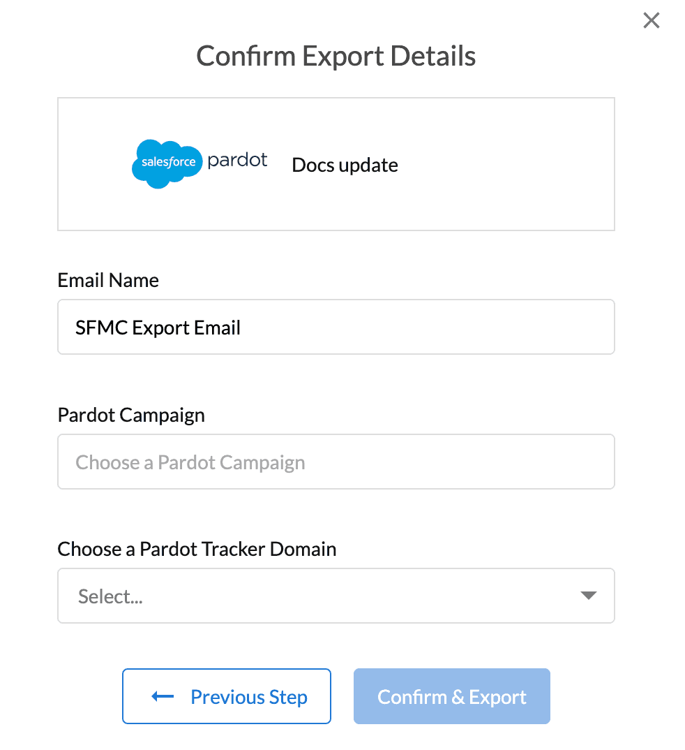 Confirm export details modal with email name field