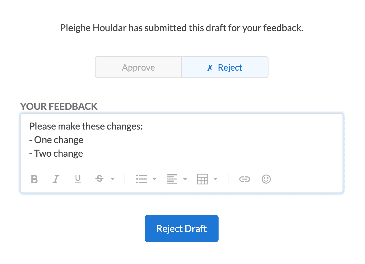 Modal showing rejecting an email and requesting changes