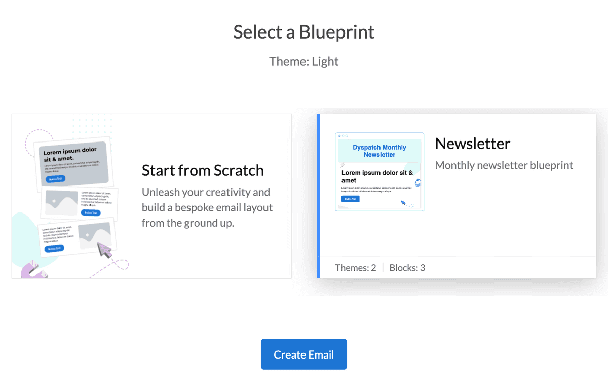 Newsletter blueprint highlighted as an option when creating a new email