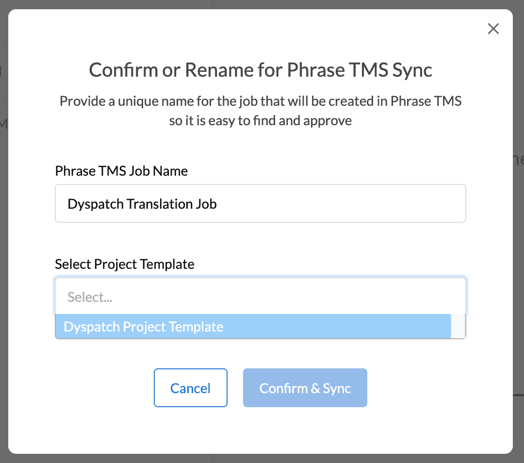 Phrase TMS Sync modal with Project Template selection drop down menu expanded