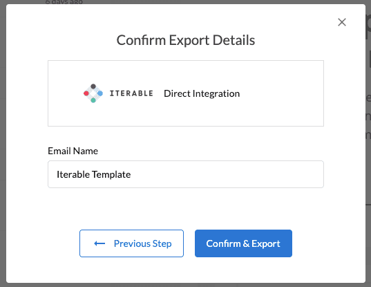 Confirm export details modal with email name field