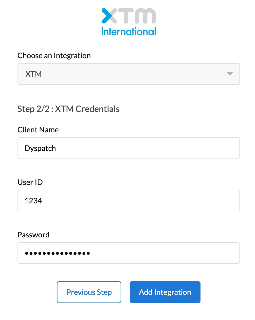 Second modal of XTM integration with XTM Client Name, User Id, and Password fields