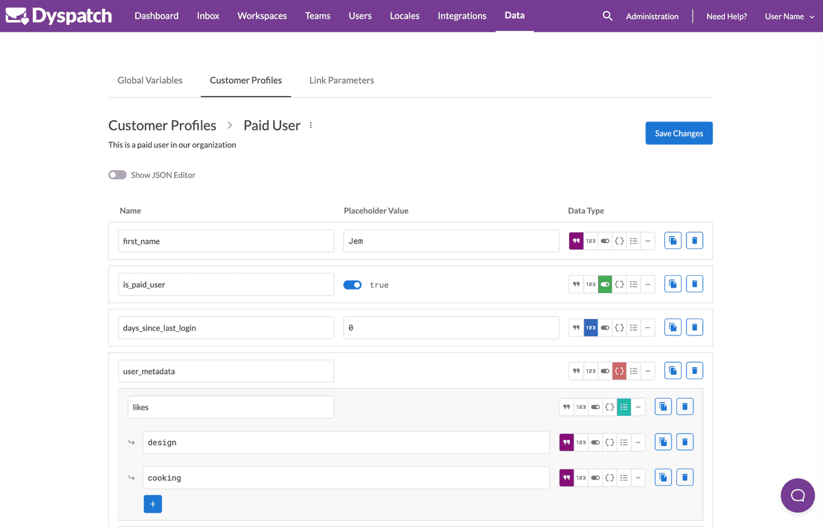 Customer Profile data input page with mock data