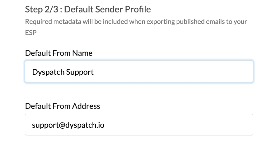 Setup modal 2/3 for SendPulse ESP integration with default from name and from address fields