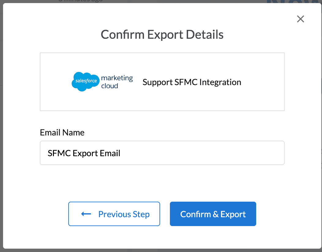 Confirm export details modal with email name field