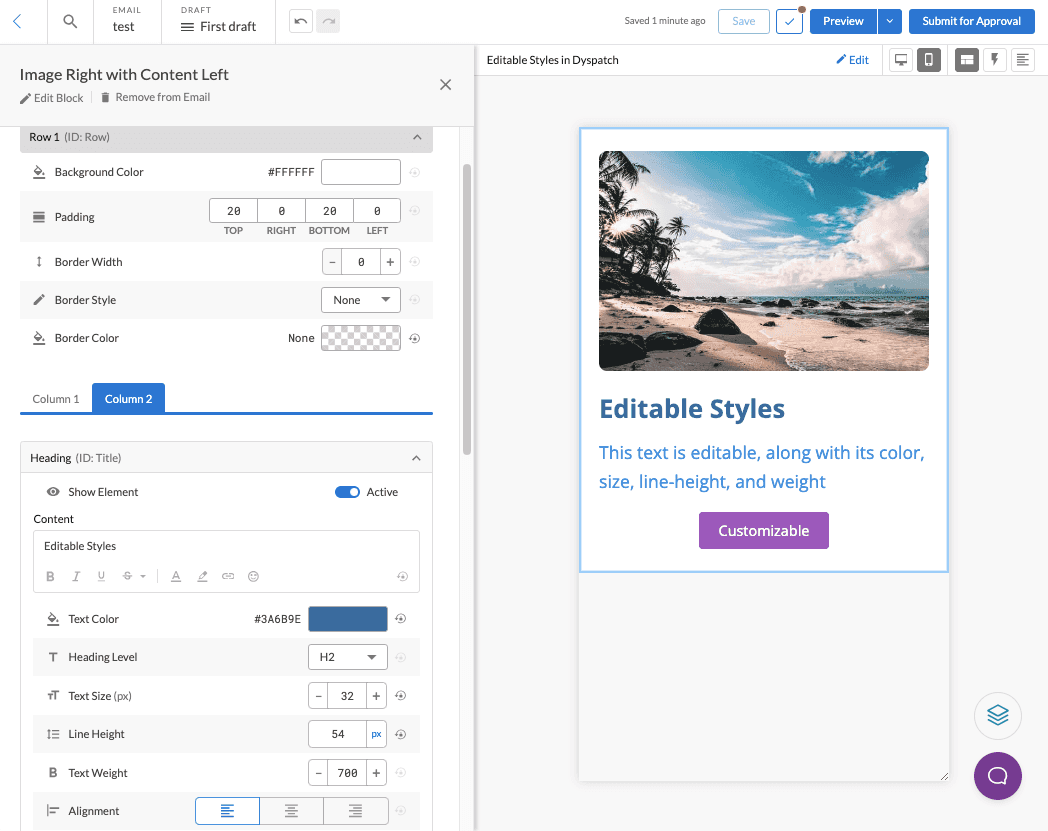 Viewing editable styles in the email builder