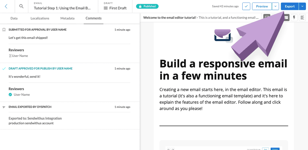 View of a published email in the email builder, where you can click Download to get a copy of your email