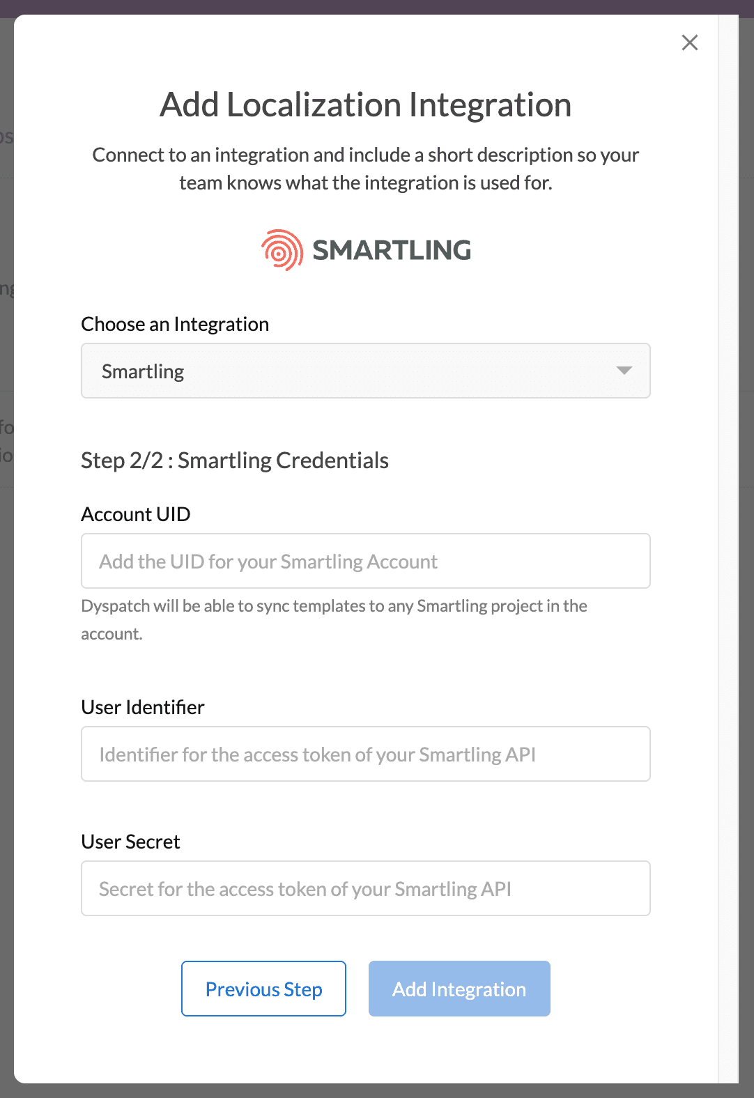 Second of 2 settings configuration modals for the Smartling integration