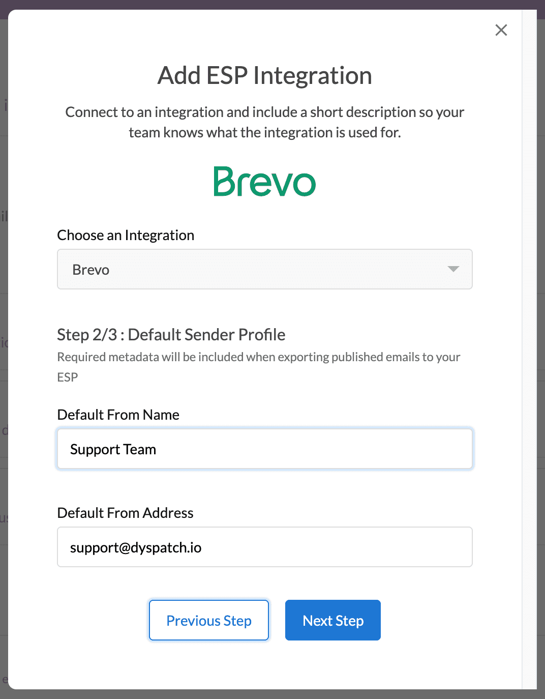 Dyspatch add Brevo integration modal 2 of 3 with sender profile information
