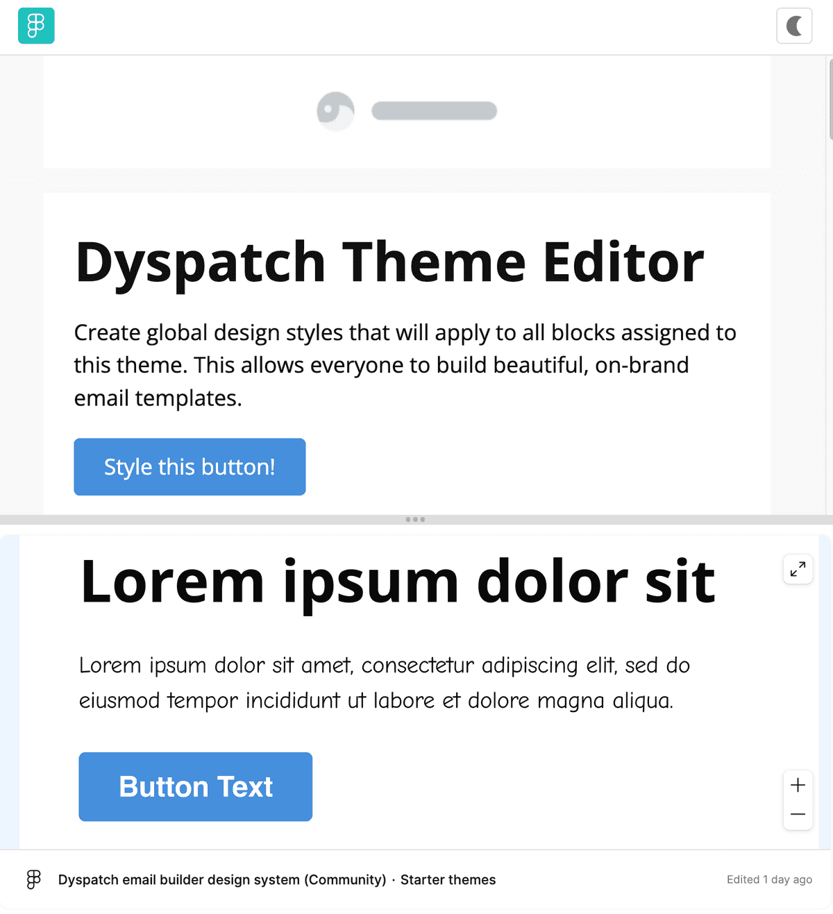 Theme editor with a Figma design preview embedded in a theme