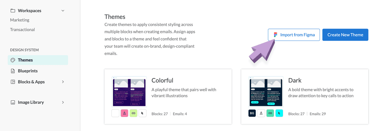 Import from Figma button on the Themes page