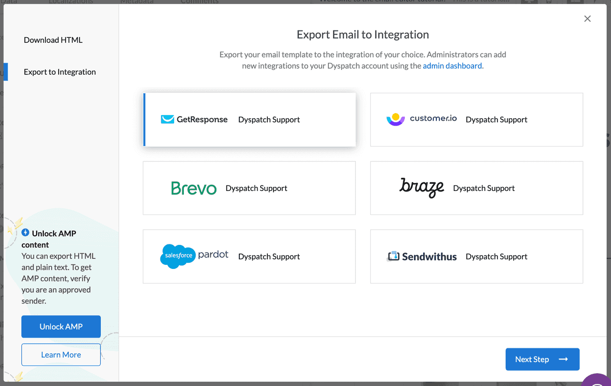 Export to integration page with GetResponse integration selected