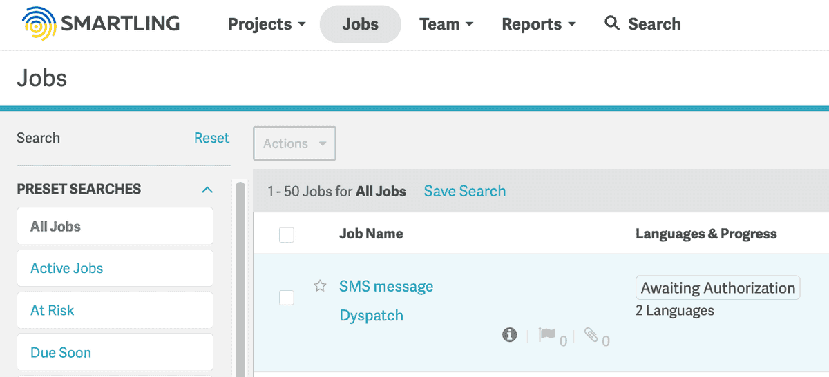 Smartling UI with the jobs tab selected