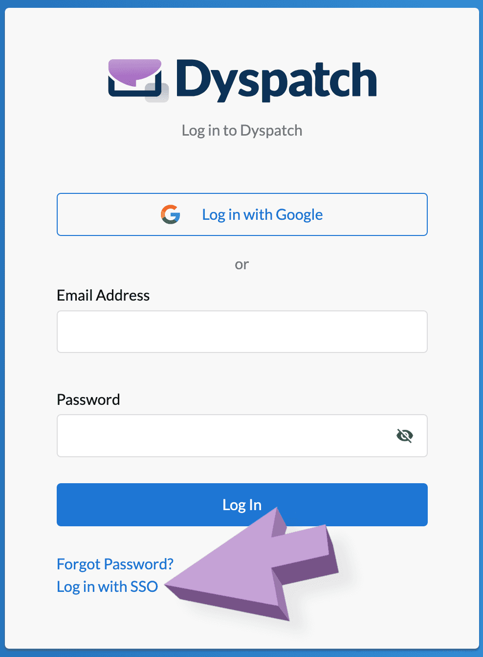 Arrow pointing to the login with SSO link at bottom of email and password login card