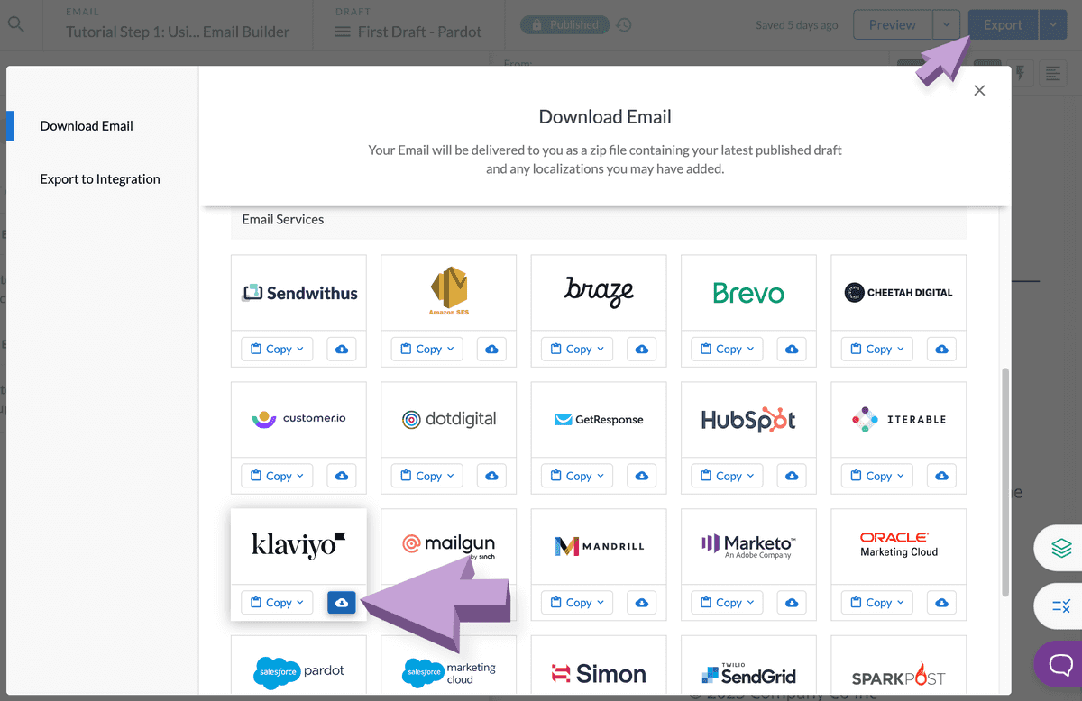 Arrows pointing to export for Klaviyo options