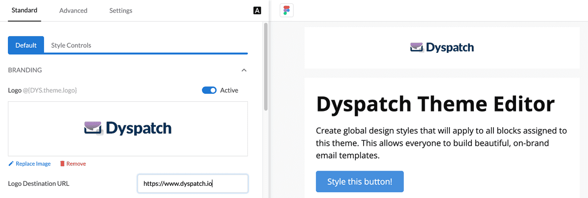 Theme logo configuration interface in the theme editor with logo URL and href values