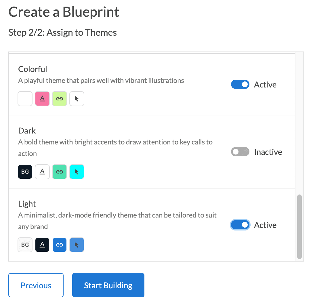 Step 2 of creating a blueprint with a list of available themes with some toggled to enabled, and others disabled