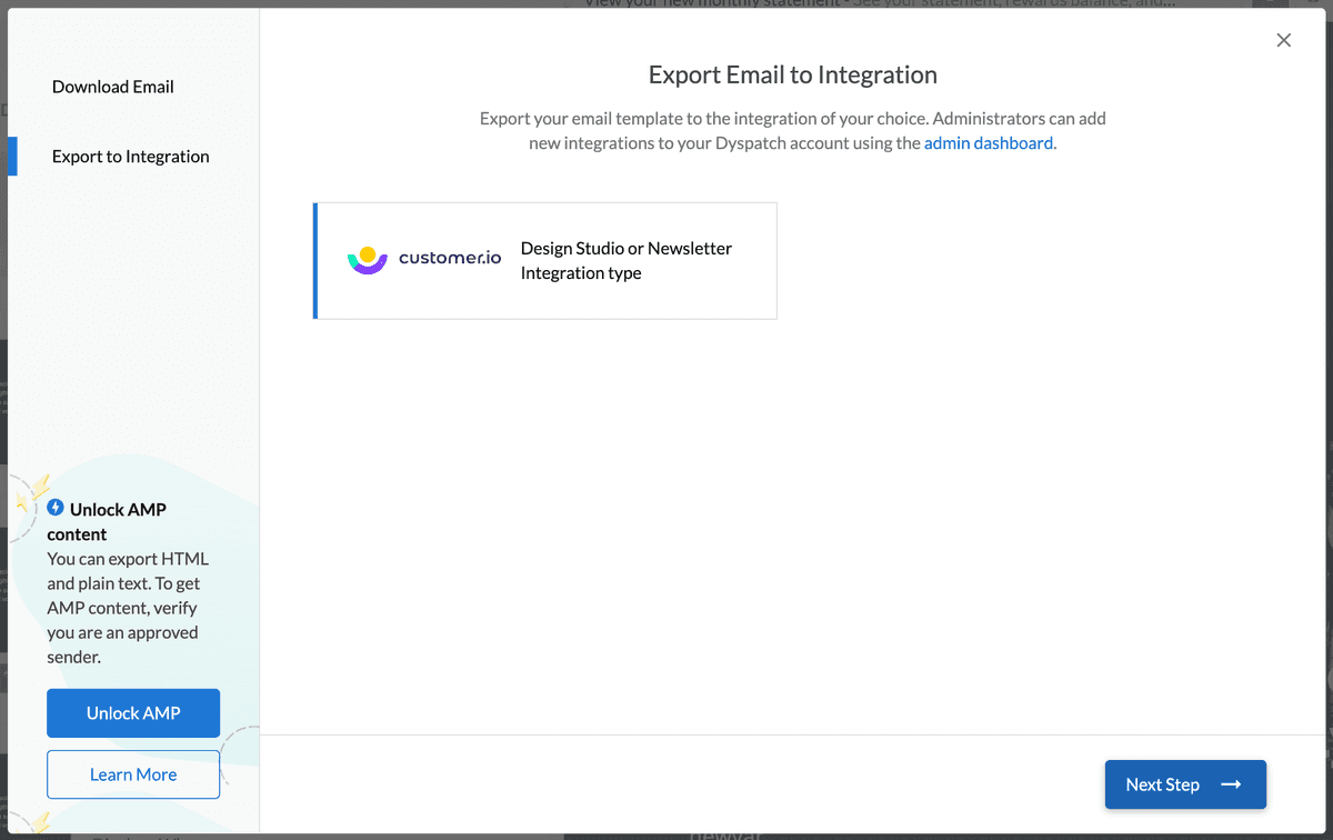 Export Email to Integration modal in Dyspatch