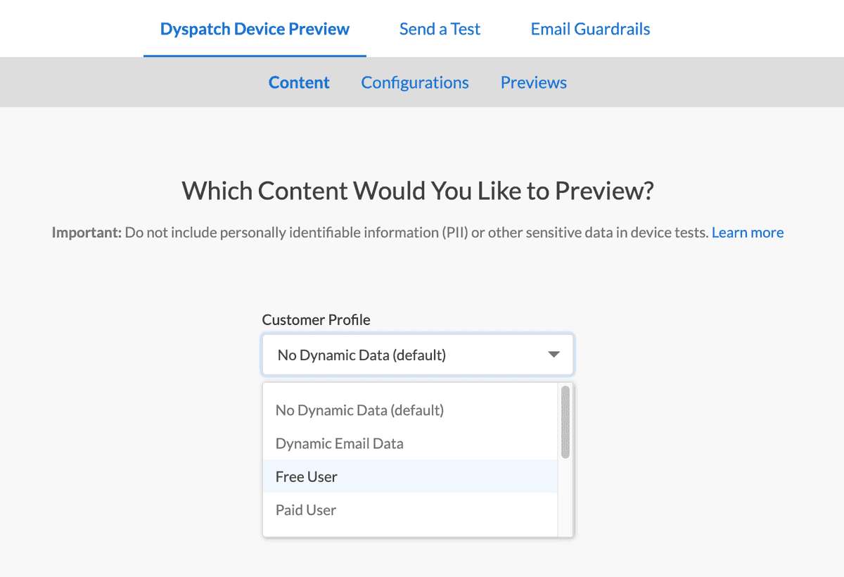 Preview your email with dynamic data by selecting a Customer Profile from the dropdown