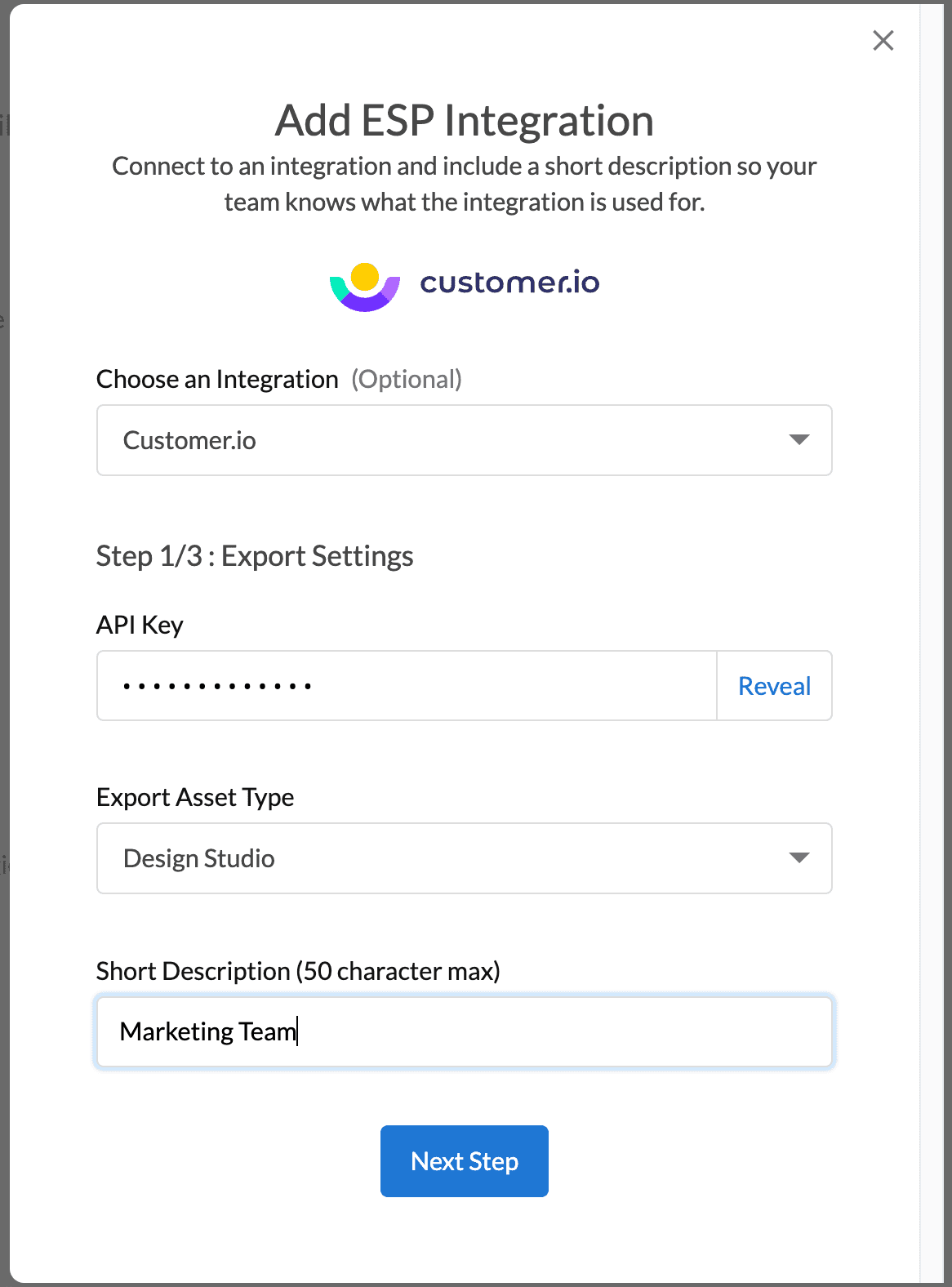 Dyspatch Add ESP Integration modal page with API key and Description inputs