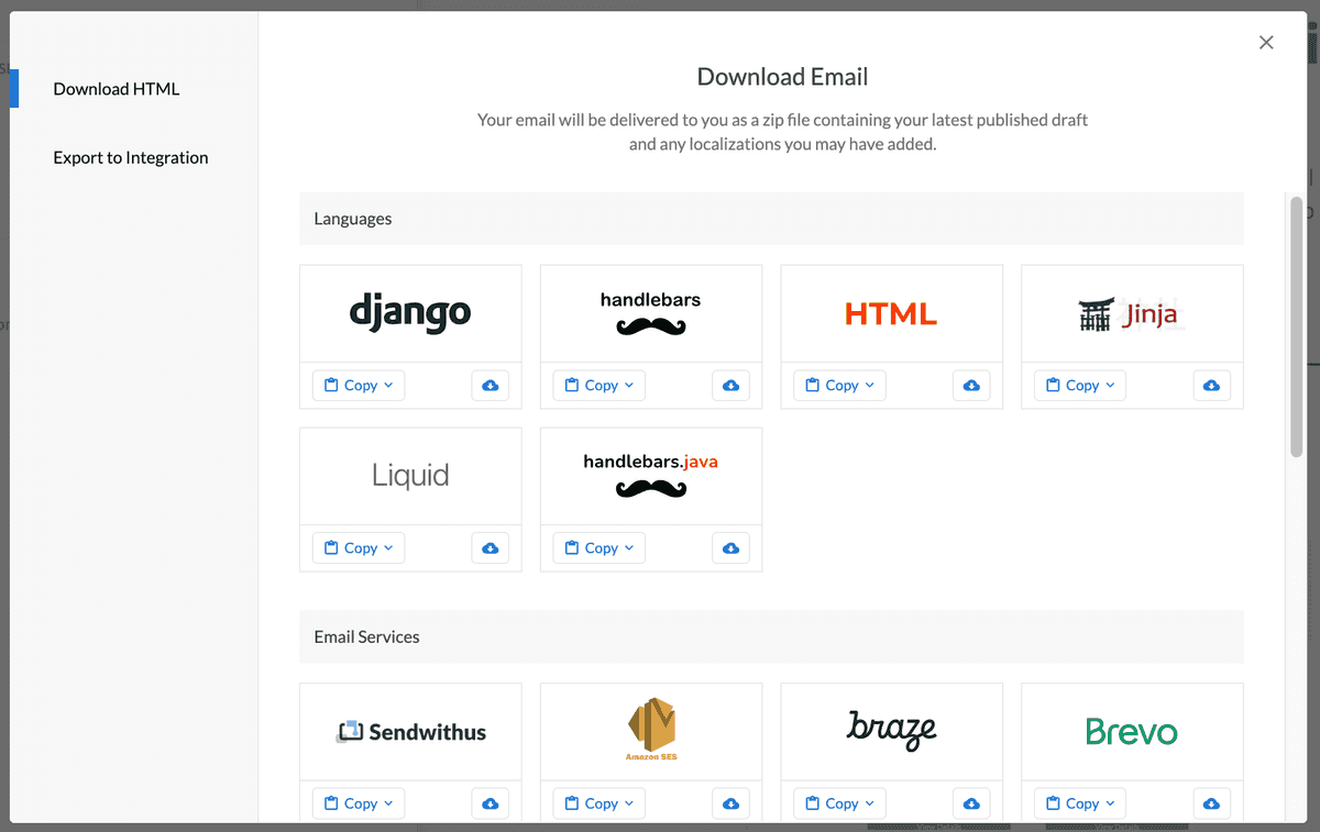 Export to integration menu where you can select a direct ESP integration