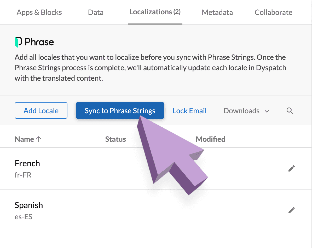 Sync to Phrase option in the Email Builder