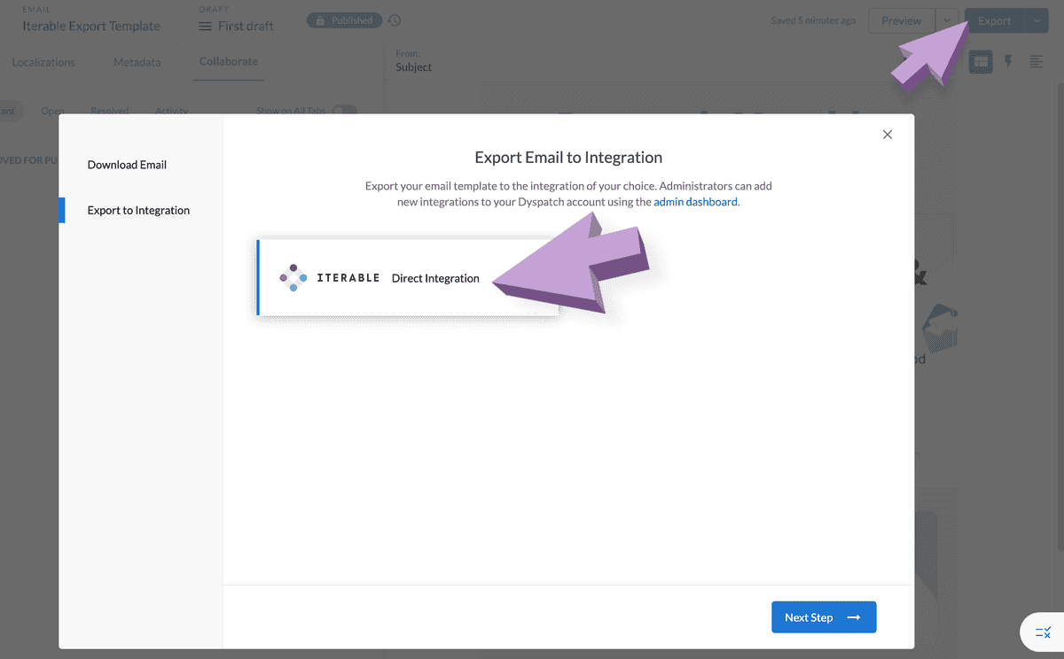 Iterable card to select from the export to integration modal